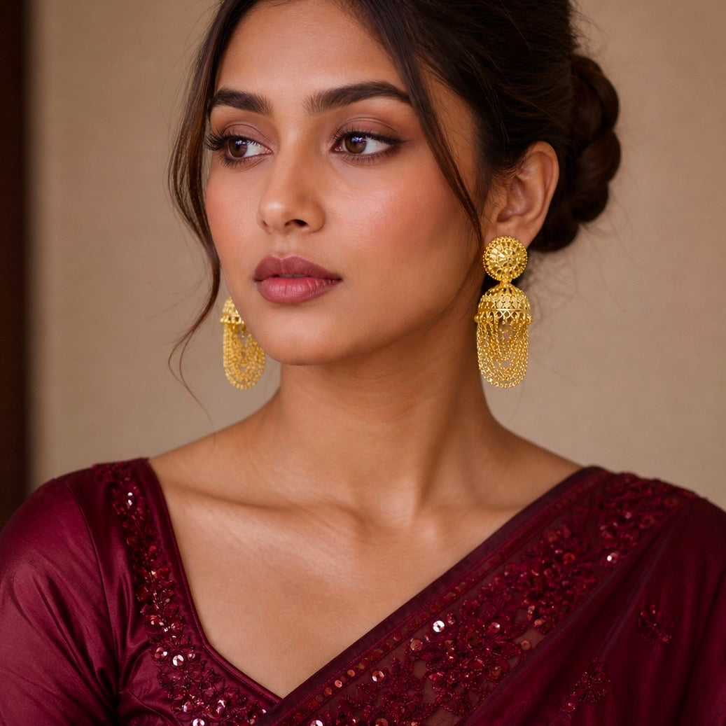 Traditional Gold Chain-Tassel Jhumki Earrings | Handmade Temple Jewellery
