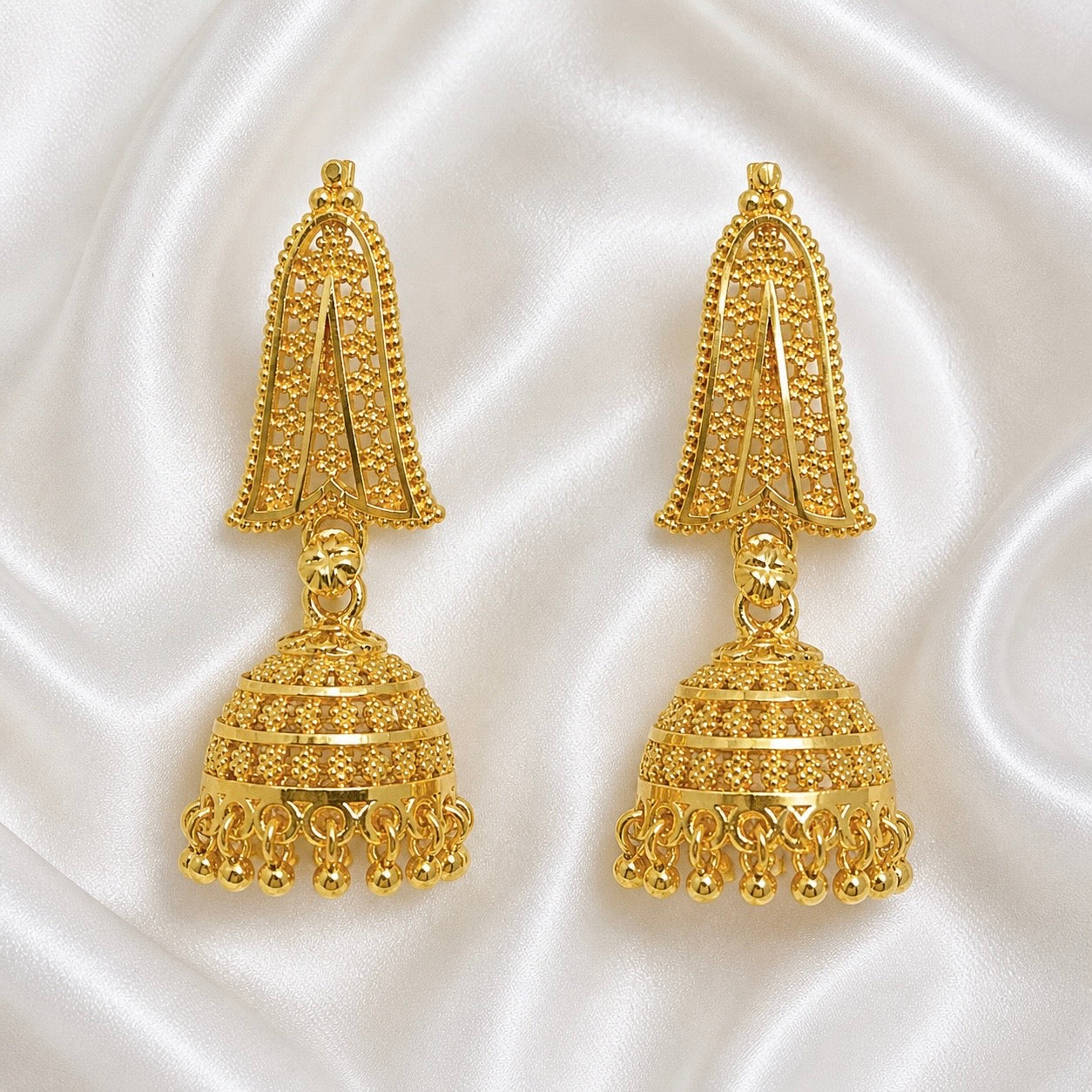 Traditional Temple Gold Jhumki Earrings | Ghungroo Mesh Handcrafted Jhumki Pair
