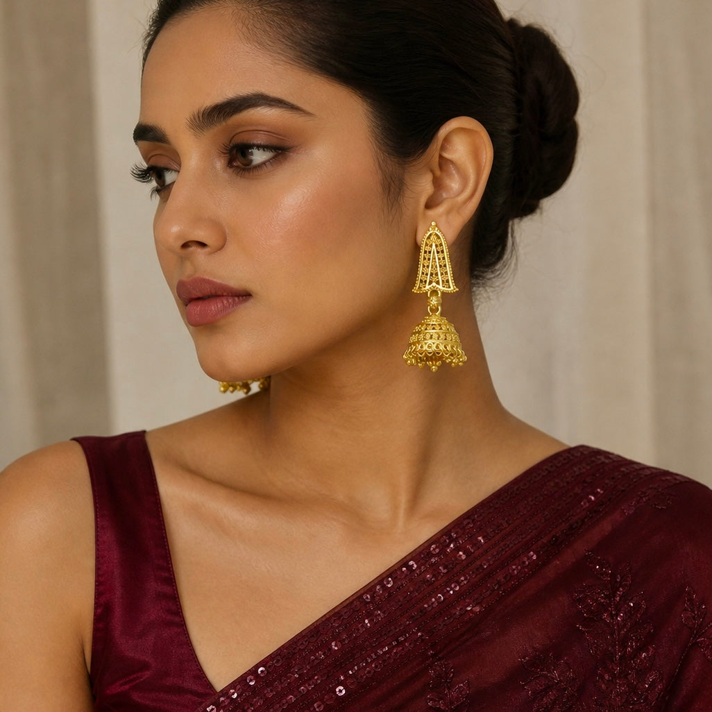 Traditional Temple Gold Jhumki Earrings | Ghungroo Mesh Handcrafted Jhumki Pair