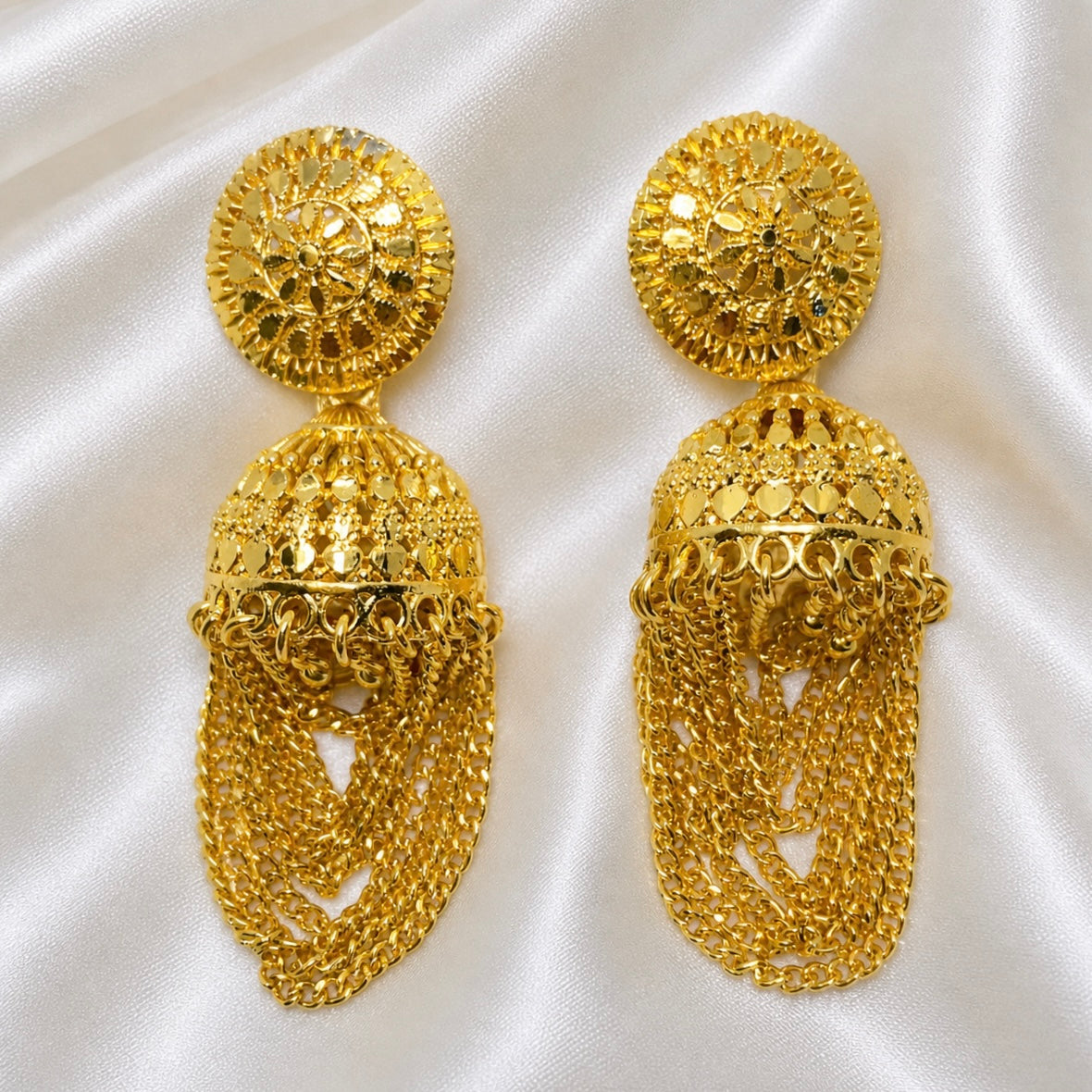 Traditional Gold Chain-Tassel Jhumki Earrings | Handmade Temple Jewellery