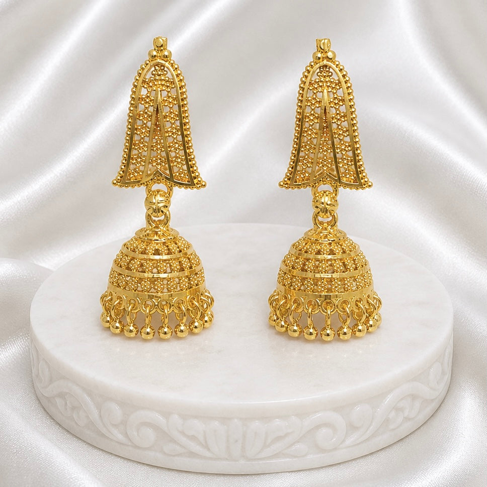 Traditional Temple Gold Jhumki Earrings | Ghungroo Mesh Handcrafted Jhumki Pair