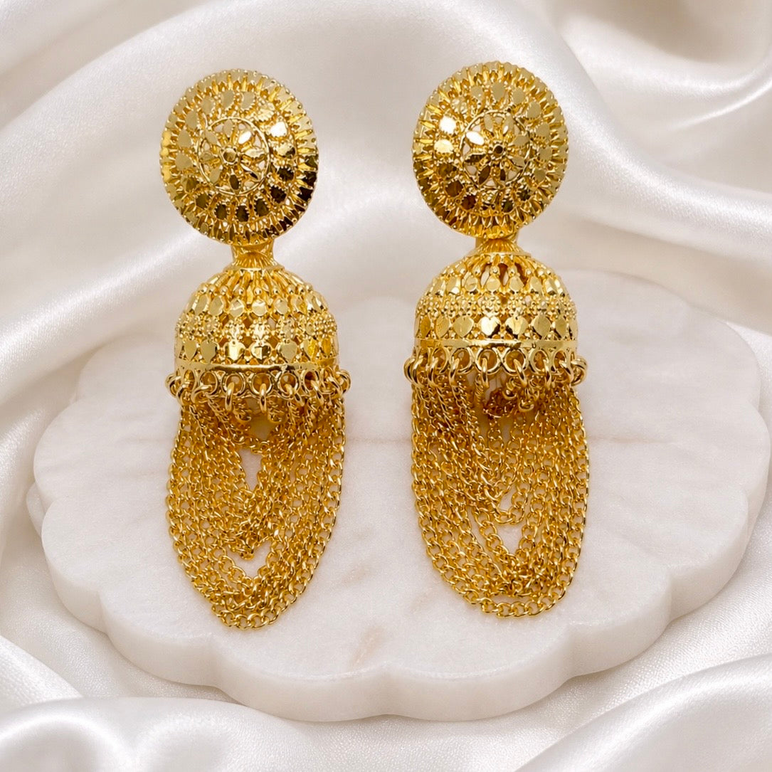 Traditional Gold Chain-Tassel Jhumki Earrings | Handmade Temple Jewellery