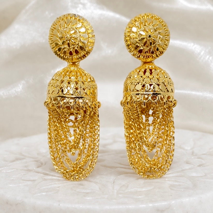 Traditional Gold Chain-Tassel Jhumki Earrings | Handmade Temple Jewellery