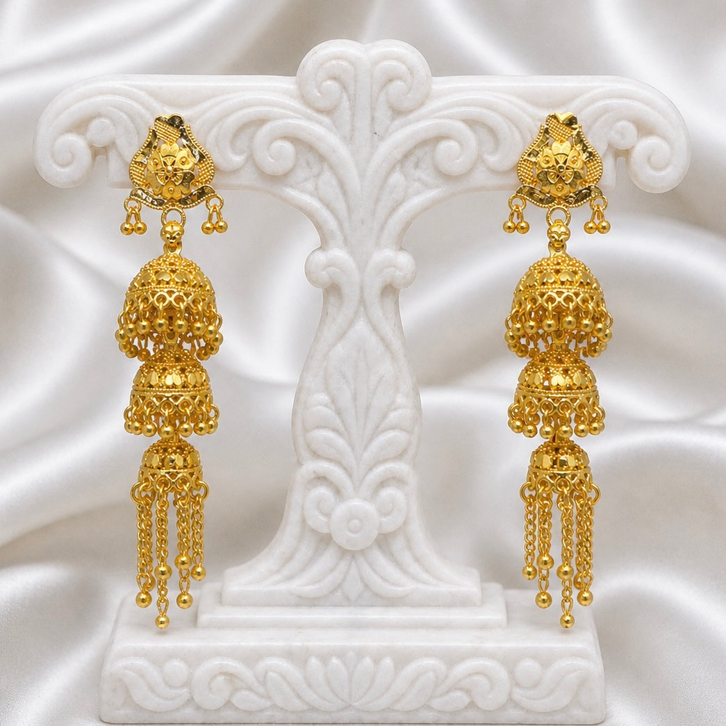 Traditional Floral Tiered Ghungroo Jhumka Earrings – Gold-Plated Temple Jewellery