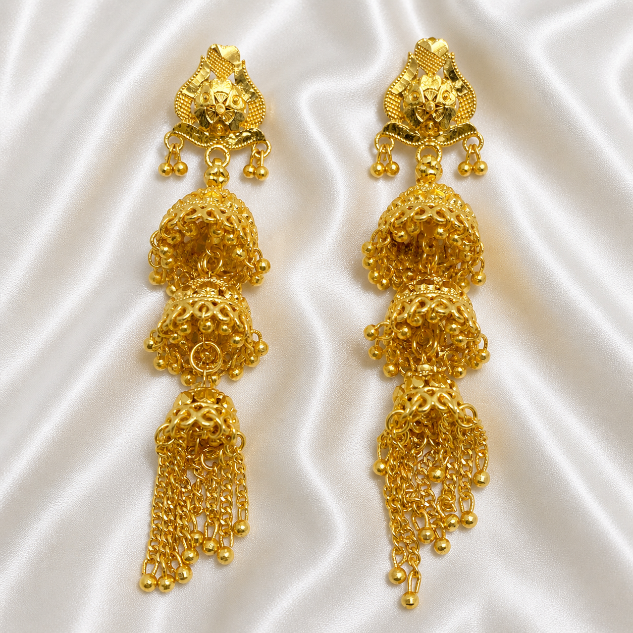 Traditional Floral Tiered Ghungroo Jhumka Earrings – Gold-Plated Temple Jewellery