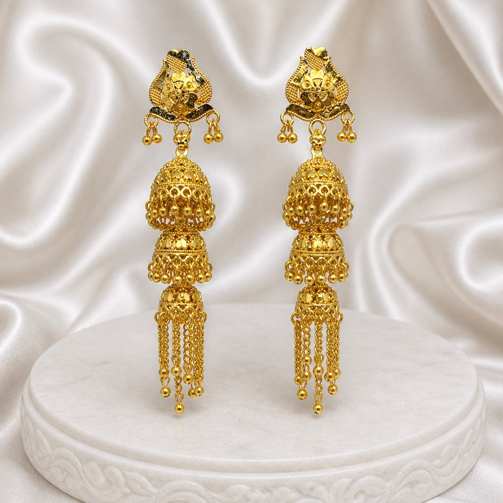 Traditional Floral Tiered Ghungroo Jhumka Earrings – Gold-Plated Temple Jewellery