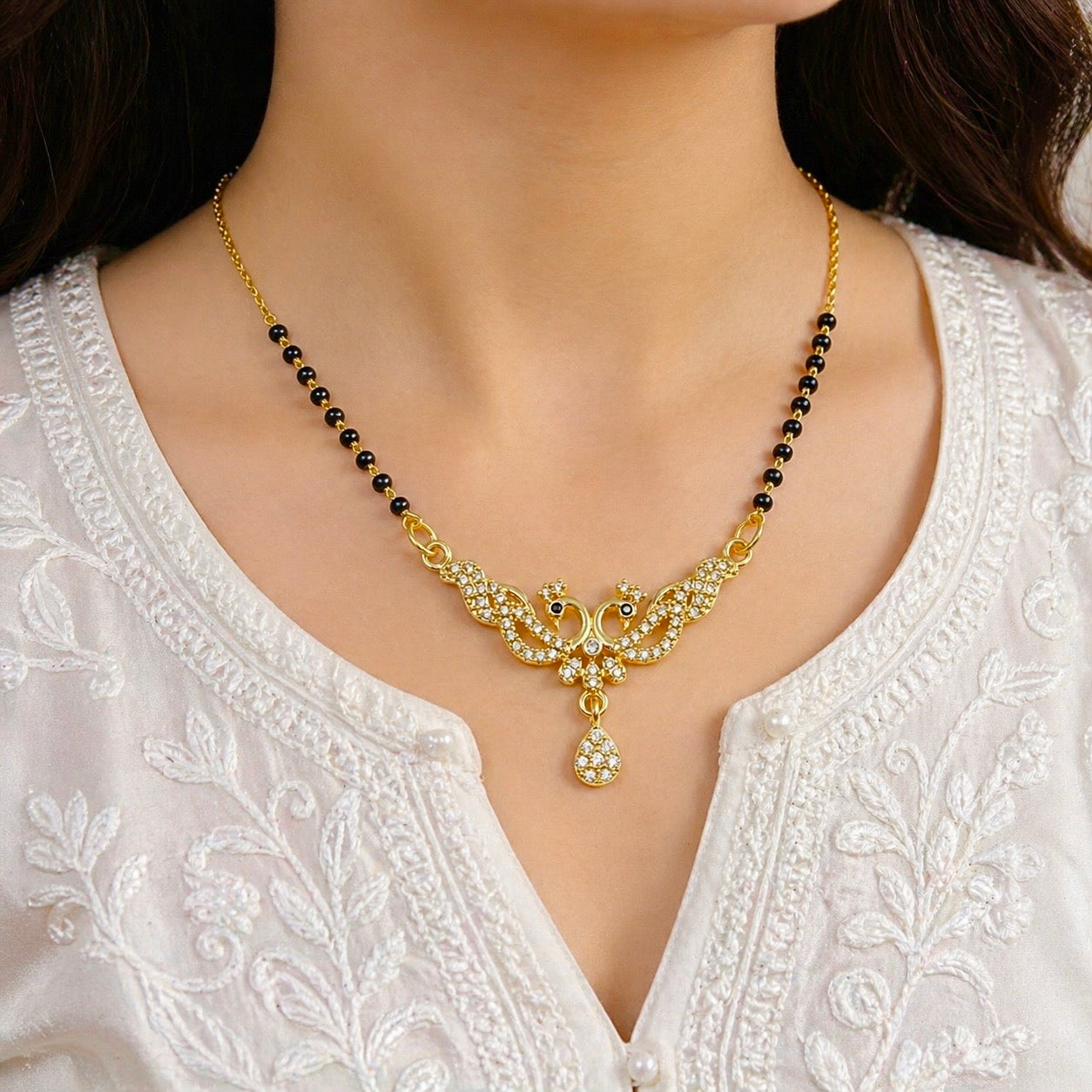 Elegant Peacock-Inspired 18K Gold Plated AD Anti-tarnish Mangalsutra Pendant
