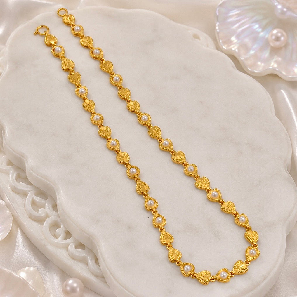 Microplated Gold Leaf Pearl Neck Chain | Handcrafted Nature-Inspired Jewellery | Lightweight Daily Wear Necklace