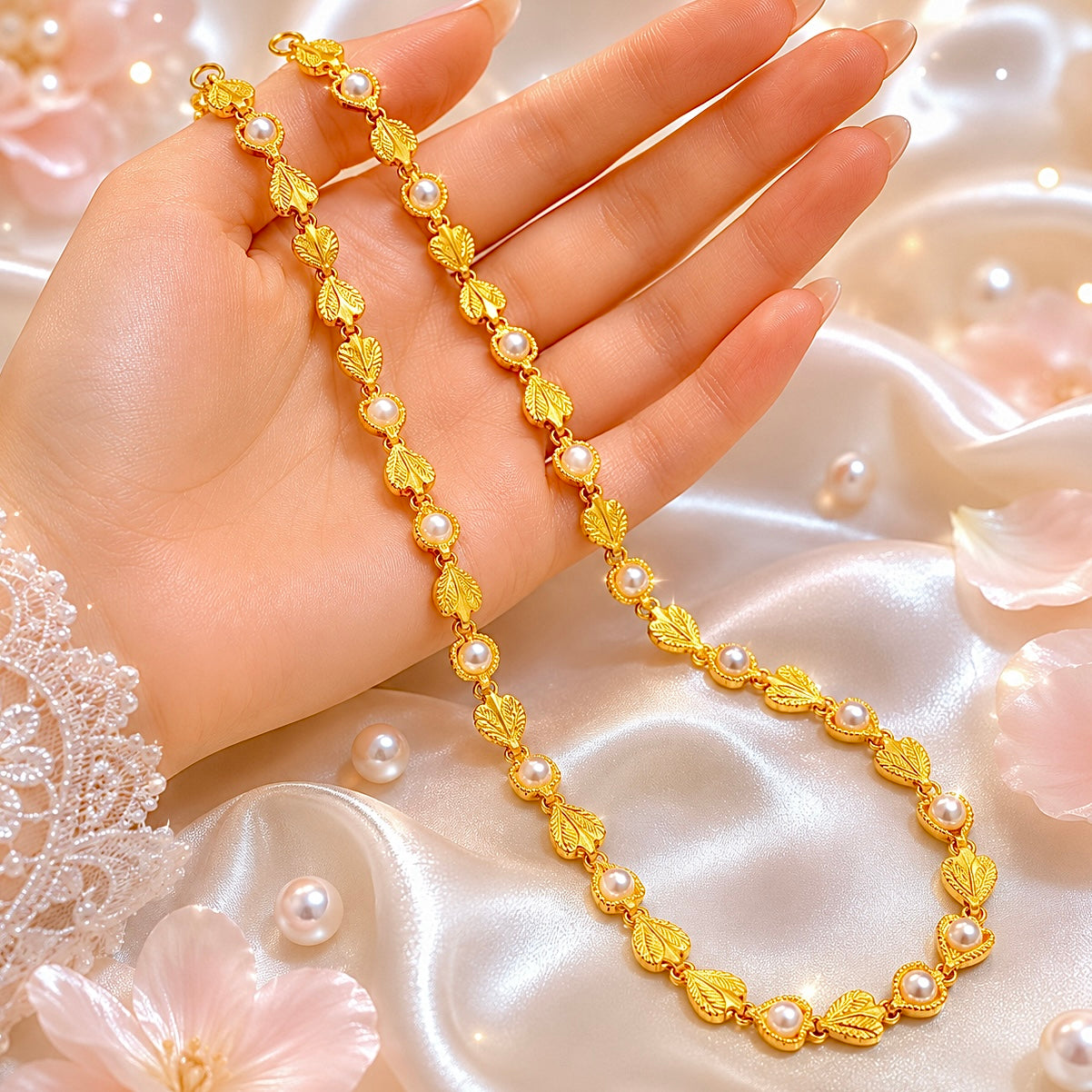 Microplated Gold Leaf Pearl Neck Chain | Handcrafted Nature-Inspired Jewellery | Lightweight Daily Wear Necklace