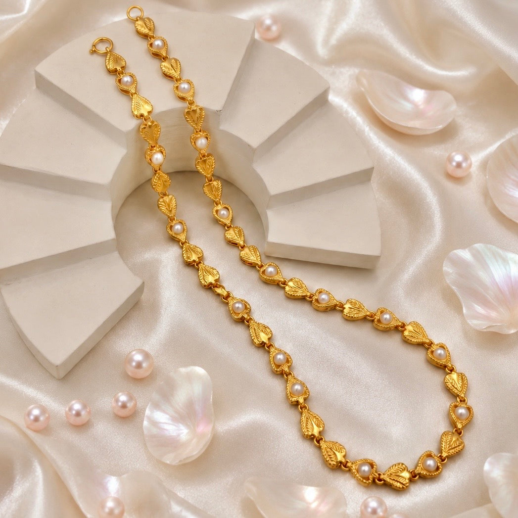 Microplated Gold Leaf Pearl Neck Chain | Handcrafted Nature-Inspired Jewellery | Lightweight Daily Wear Necklace