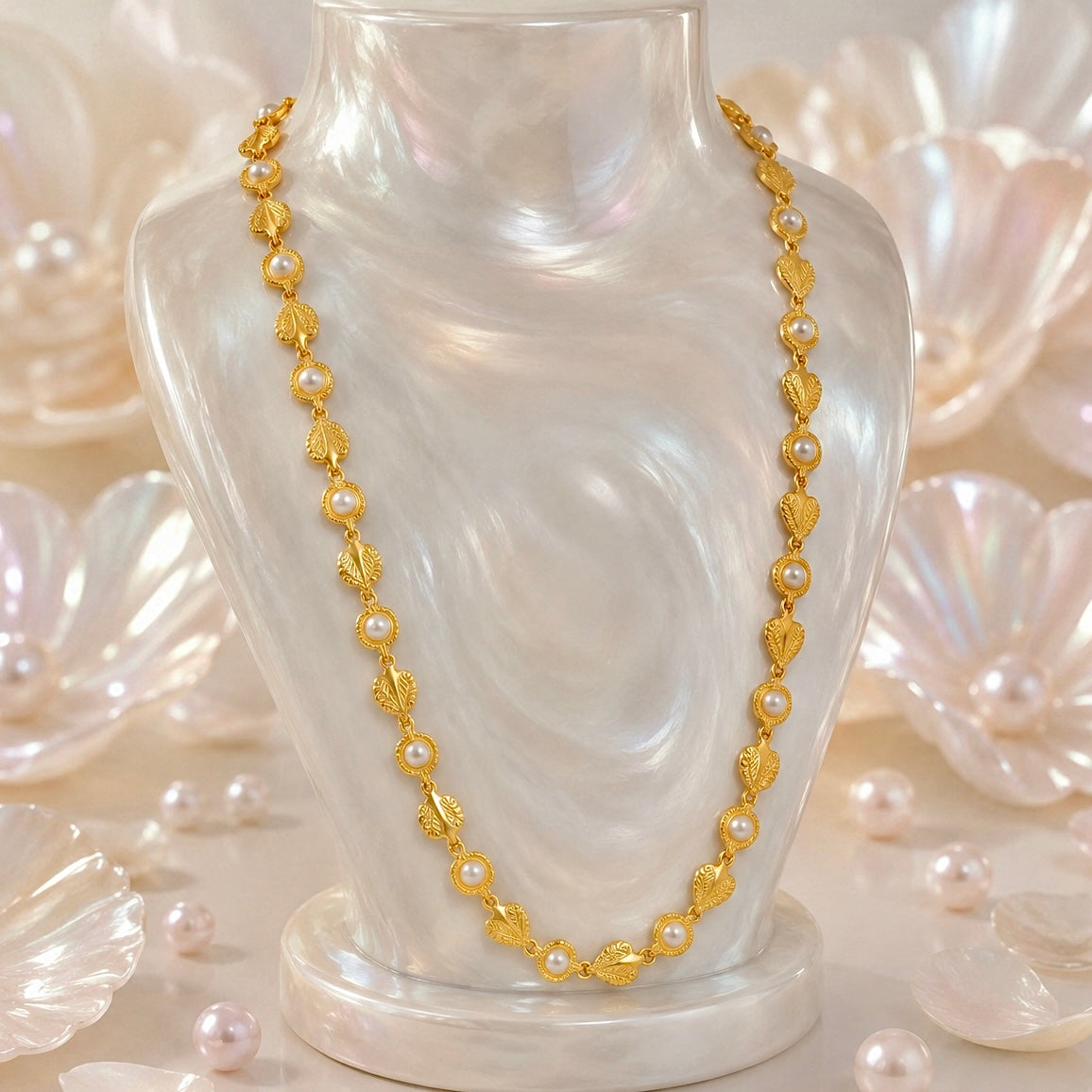 Microplated Gold Leaf Pearl Neck Chain | Handcrafted Nature-Inspired Jewellery | Lightweight Daily Wear Necklace