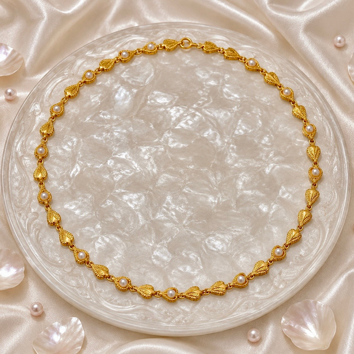Microplated Gold Leaf Pearl Neck Chain | Handcrafted Nature-Inspired Jewellery | Lightweight Daily Wear Necklace