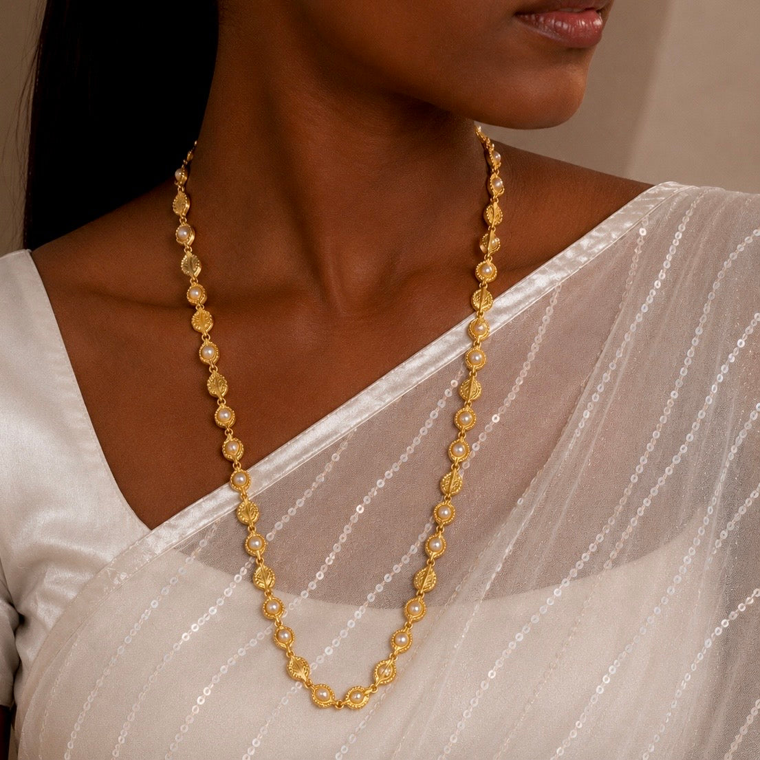 Microplated Gold Leaf Pearl Neck Chain | Handcrafted Nature-Inspired Jewellery | Lightweight Daily Wear Necklace