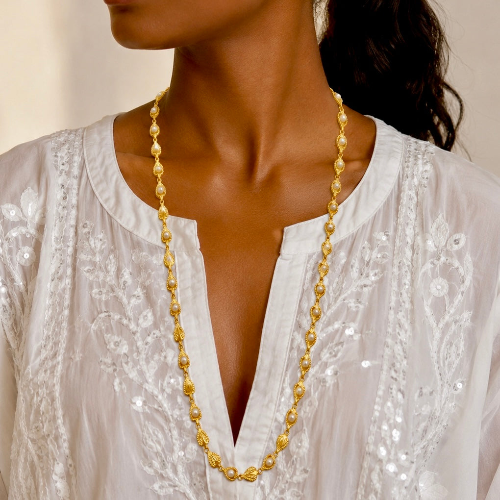Microplated Gold Leaf Pearl Neck Chain | Handcrafted Nature-Inspired Jewellery | Lightweight Daily Wear Necklace