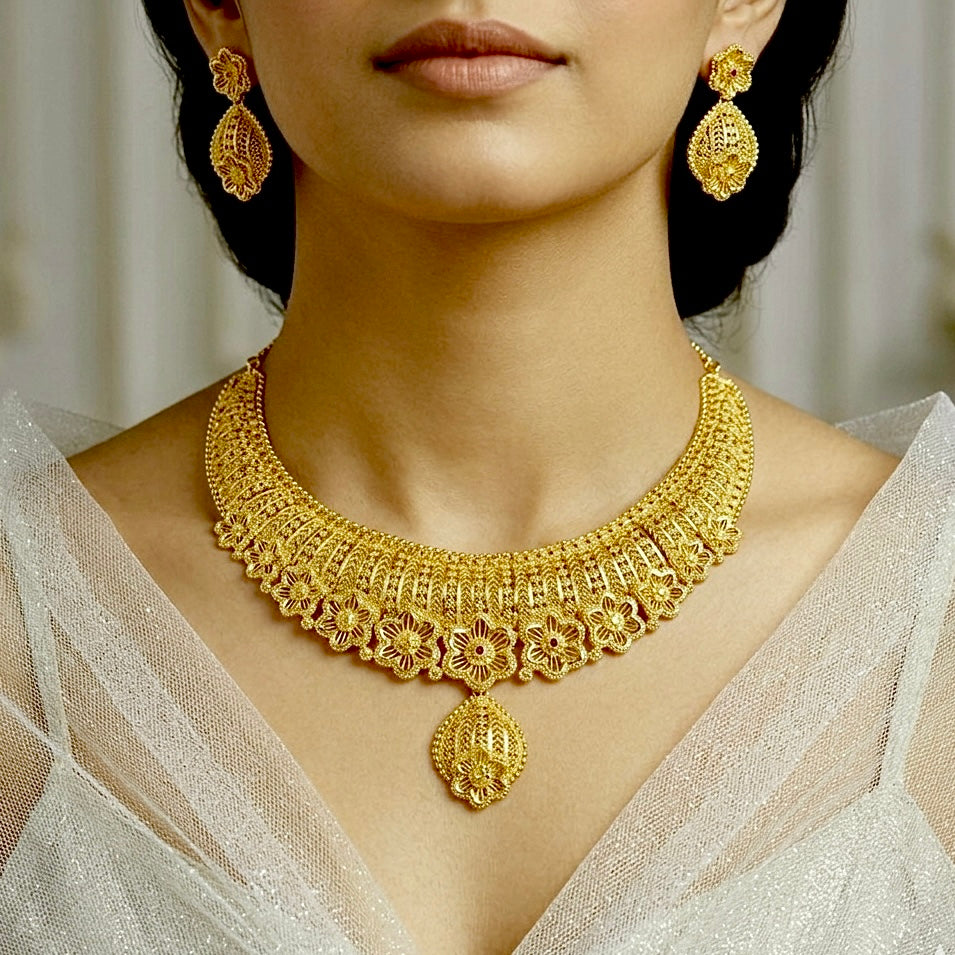 Micro Plated Dubai Gold Floral Pendant Necklace Set