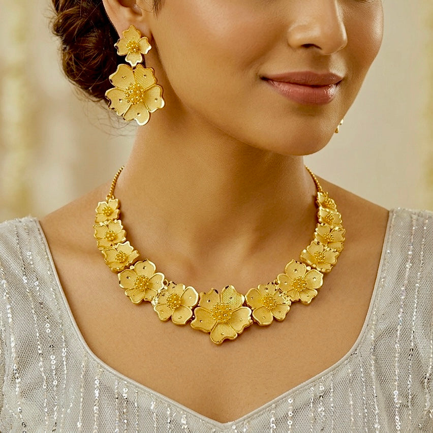 Micro plating Dubai Gold Floral Necklace Set