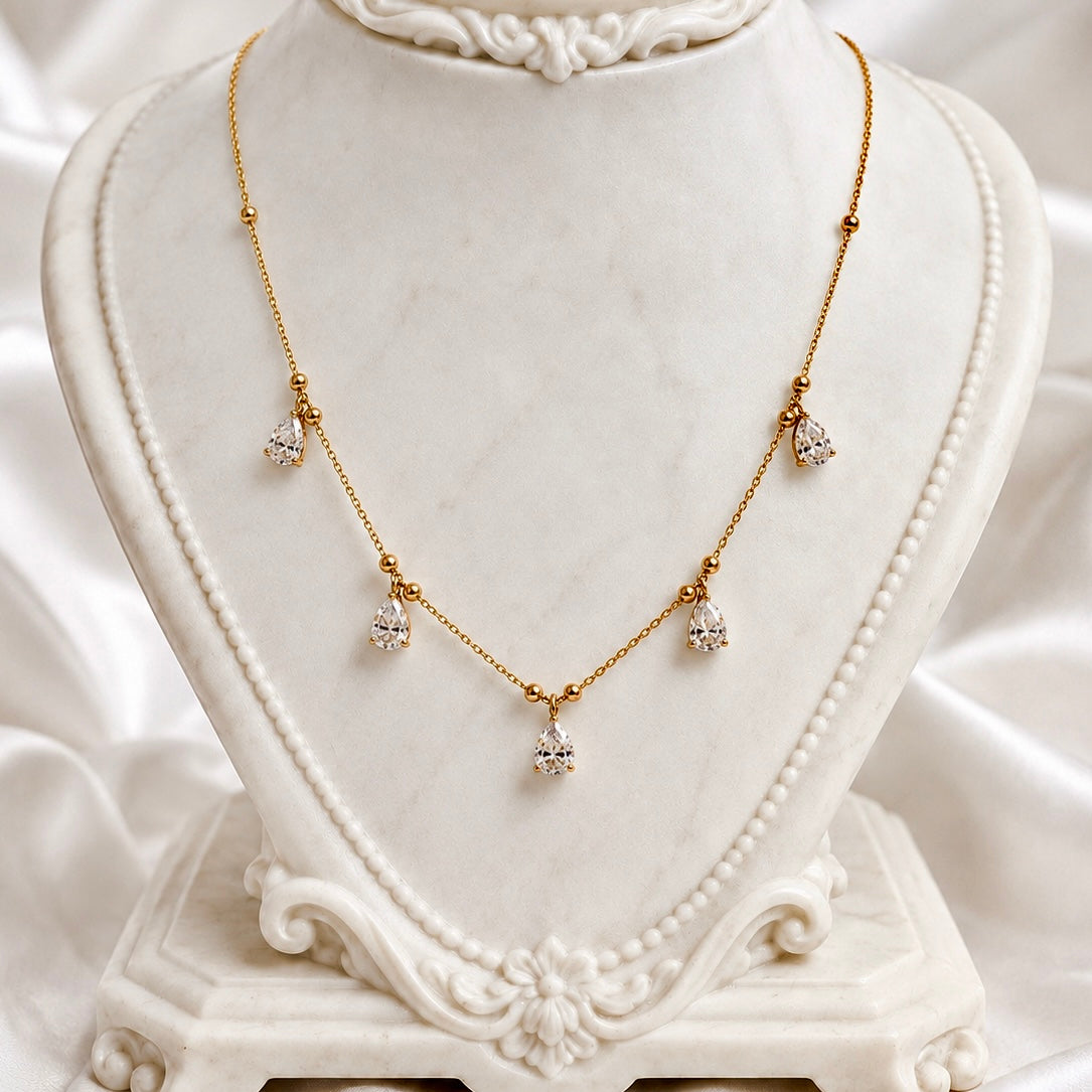 Micro Gold-Plated CZ Drop Necklace | Premium Cubic Zirconia AD Stones Tear Drop Neck Chain