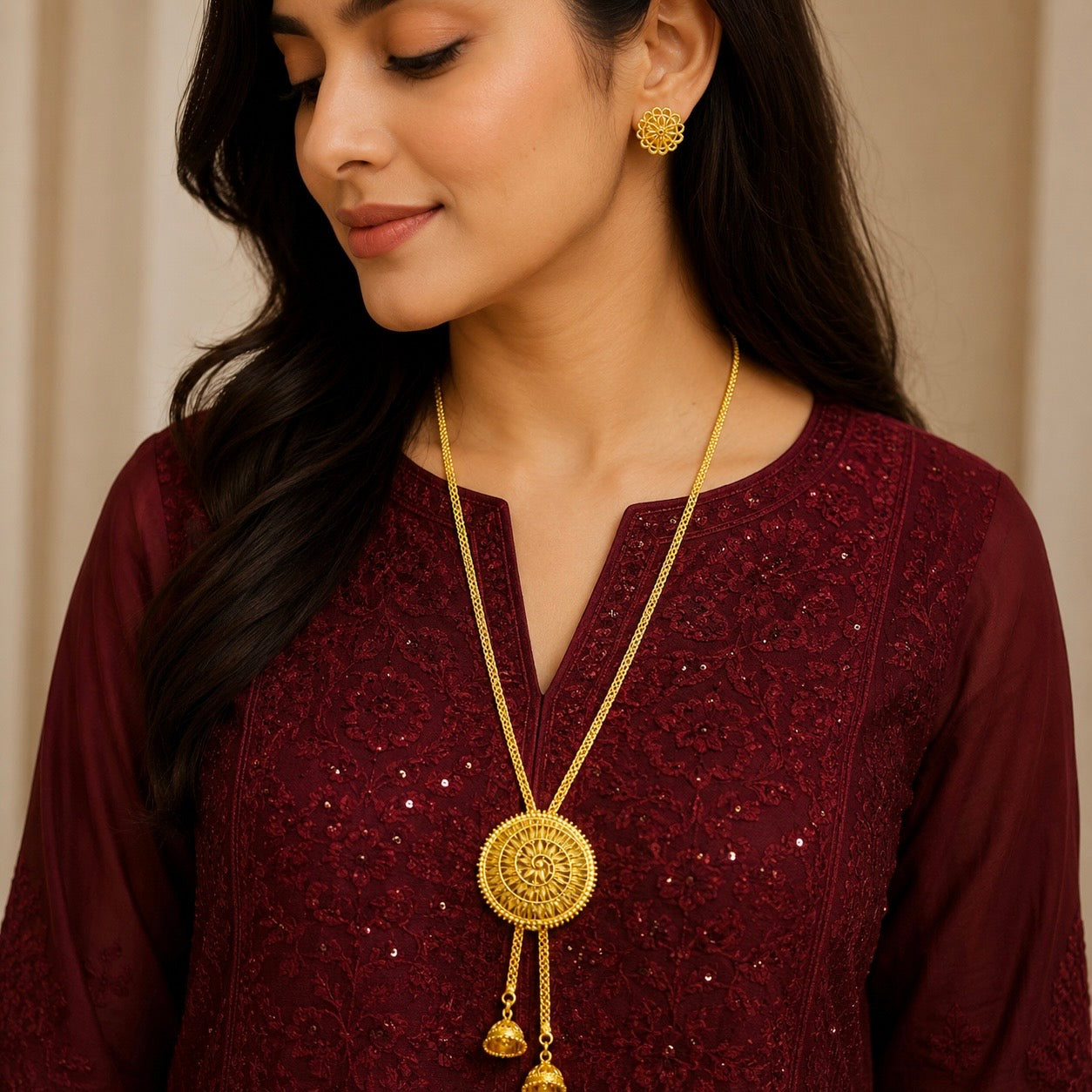 Luxury Temple Circular Medallion Tie Chain Necklace Set | Premium Micro Gold Plated Handcrafted Jewellery