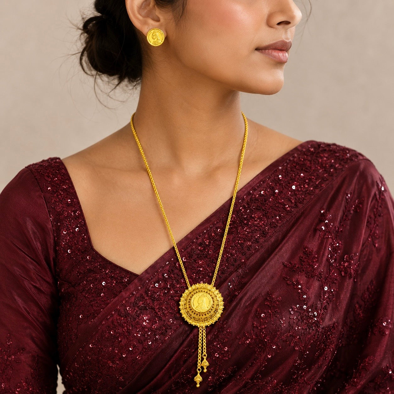 Vintage Coin Medallion Temple Tie Chain Necklace Set | Micro Gold Plated Premium Jewellery