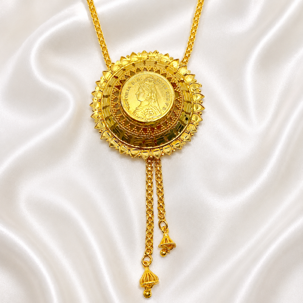 Vintage Coin Medallion Temple Tie Chain Necklace Set | Micro Gold Plated Premium Jewellery