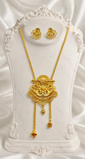 Luxury Temple Floral Fan Long Tie Chain Necklace Set | Premium Micro Gold Plated Handcrafted Jewellery