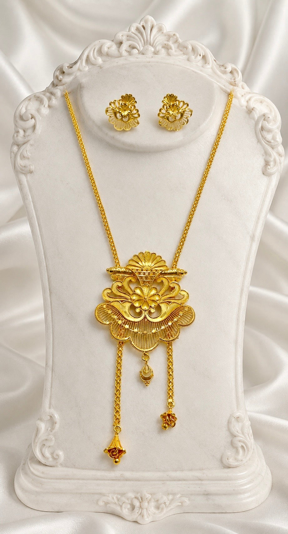 Luxury Temple Floral Fan Long Tie Chain Necklace Set | Premium Micro Gold Plated Handcrafted Jewellery