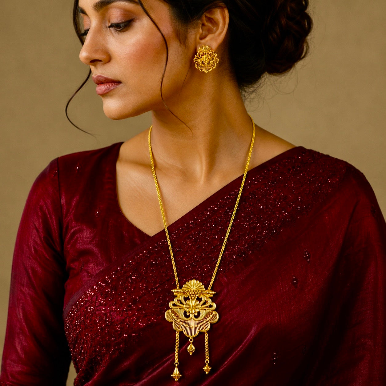 Luxury Temple Floral Fan Long Tie Chain Necklace Set | Premium Micro Gold Plated Handcrafted Jewellery