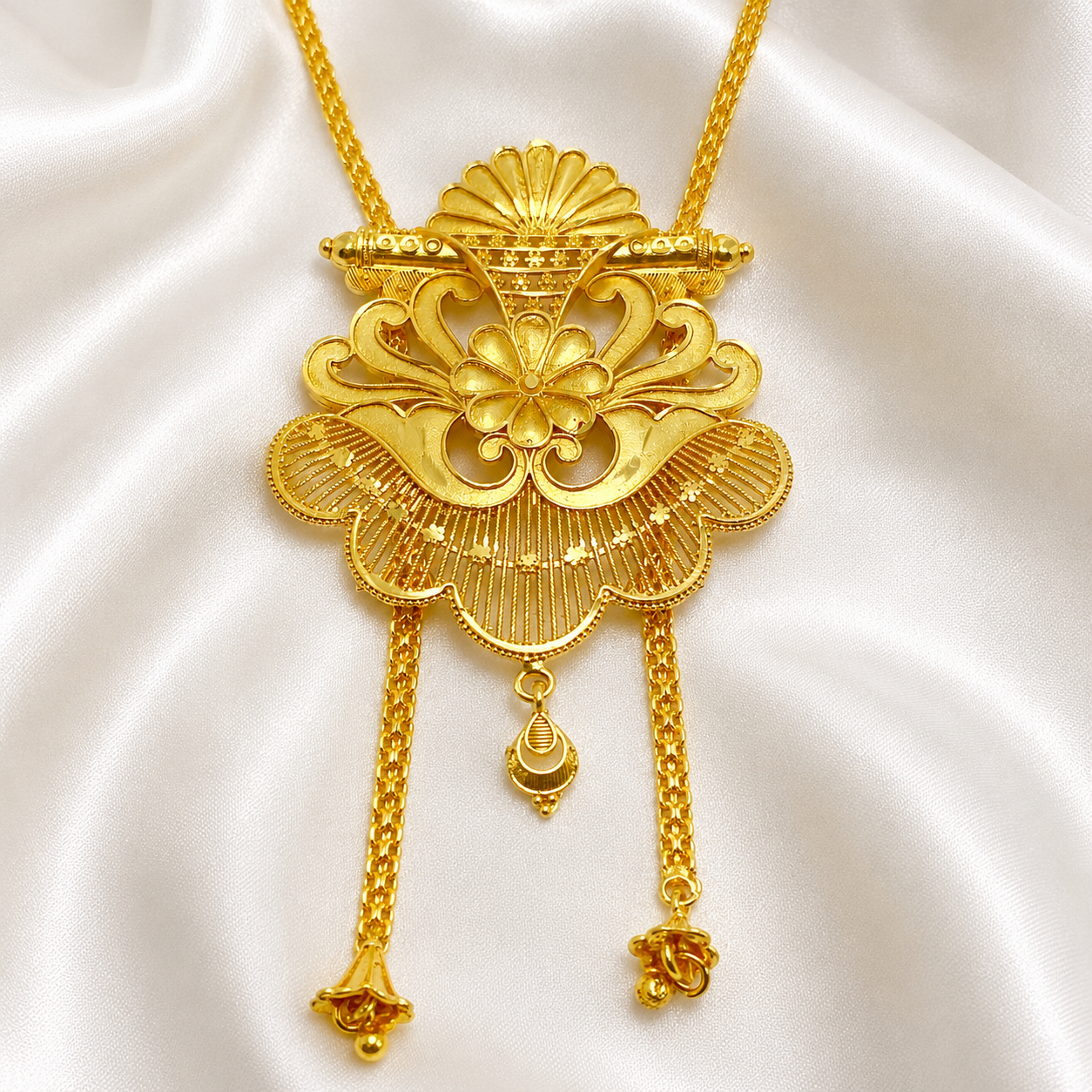 Luxury Temple Floral Fan Long Tie Chain Necklace Set | Premium Micro Gold Plated Handcrafted Jewellery