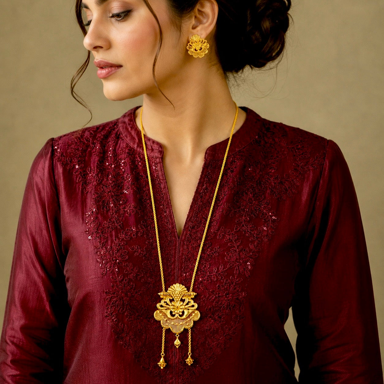 Luxury Temple Floral Fan Long Tie Chain Necklace Set | Premium Micro Gold Plated Handcrafted Jewellery