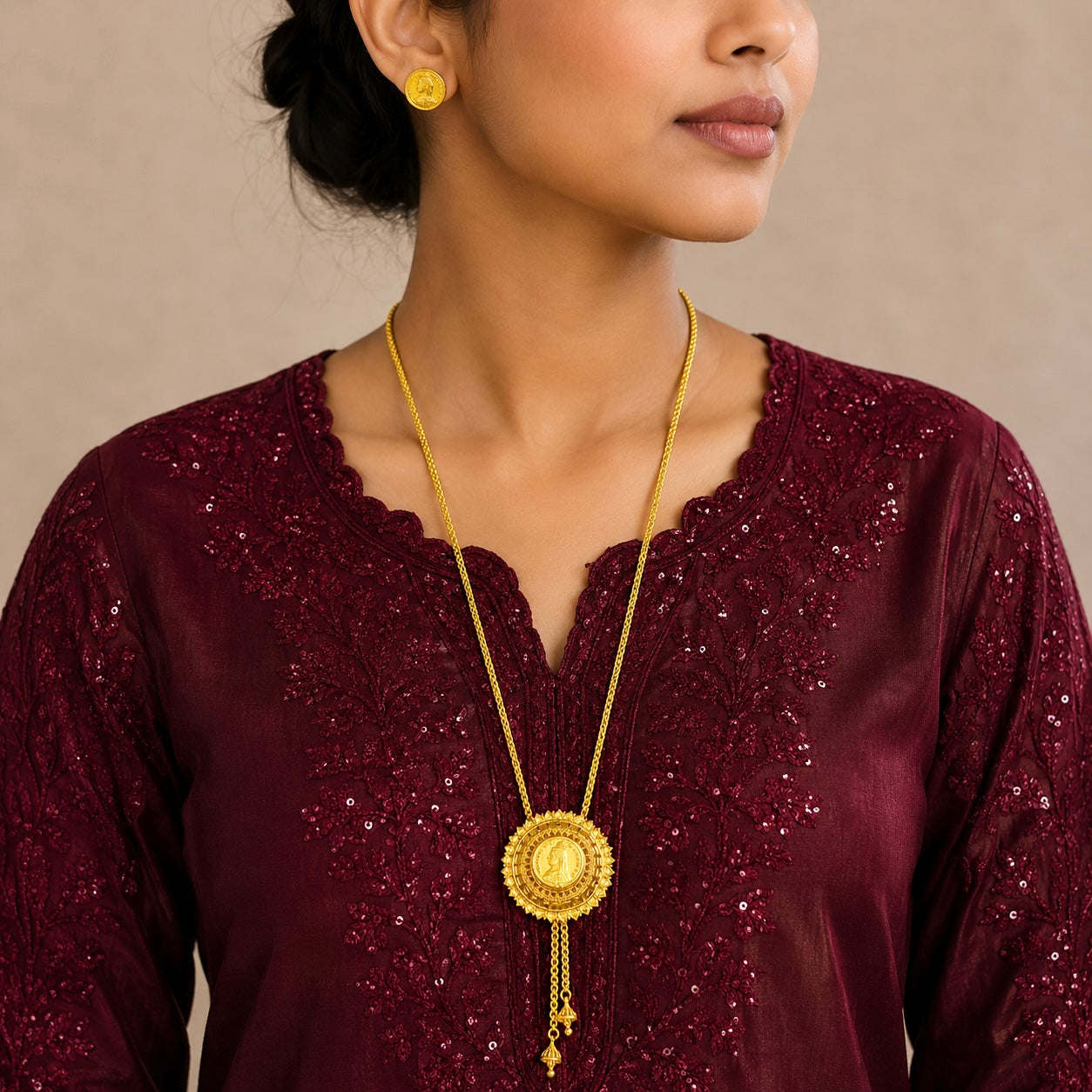 Vintage Coin Medallion Temple Tie Chain Necklace Set | Micro Gold Plated Premium Jewellery
